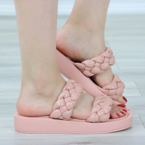 Open Toe Flip Flops Slide Sandal Faux Leather Braided Straps Slipper Slip On - Picture 8 of 13